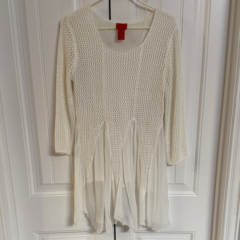 Christina L Cream White Knit Top with Sheer Accents